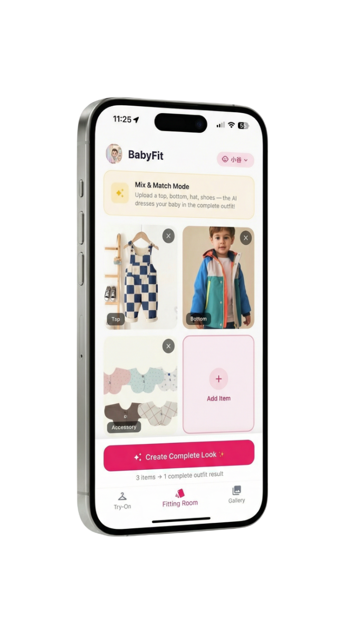 BabyFit Fitting Room showing clothing items, an accessory and a complete outfit preview on iPhone