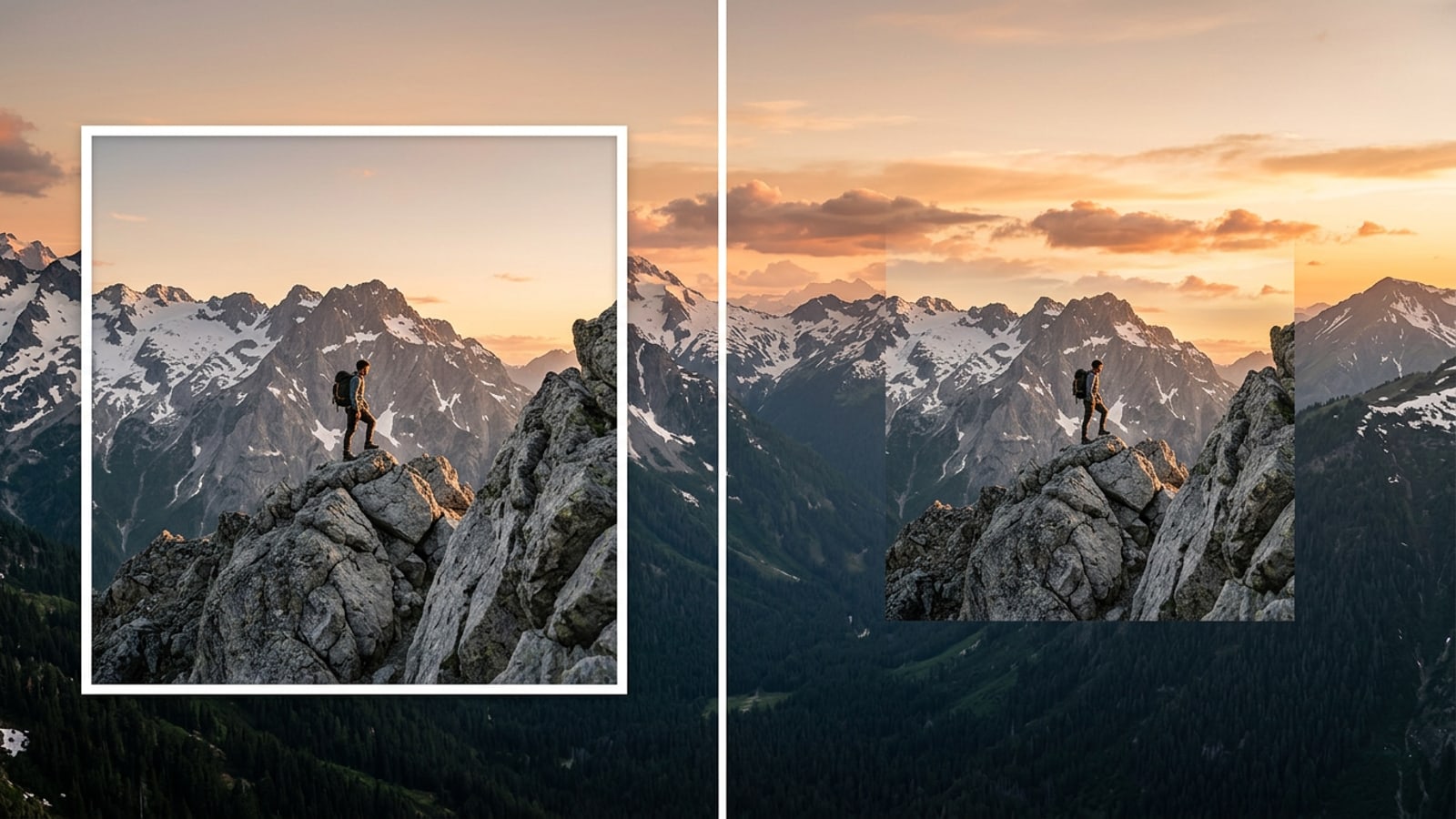 مقارنة بصرية جنبًا إلى جنب بين صورة مربعة محزوزة بإحكام بنسبة 1:1 ونسختها الموسعة بالذكاء الاصطناعي كخلفية مناظر طبيعية عريضة بنسبة 16:9.