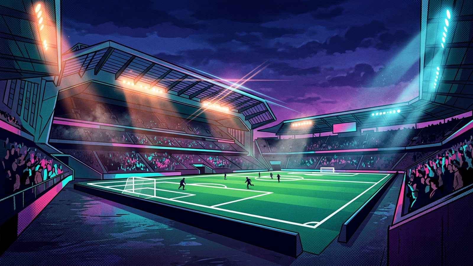 Wide view of a modern illuminated football stadium under evening floodlights