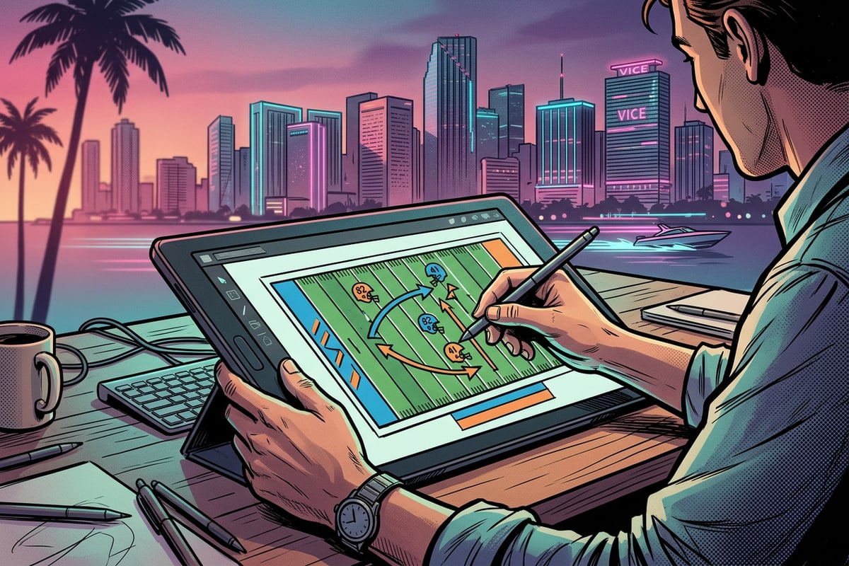 Creator editing a football field graphic layout on a tablet at a modern desk