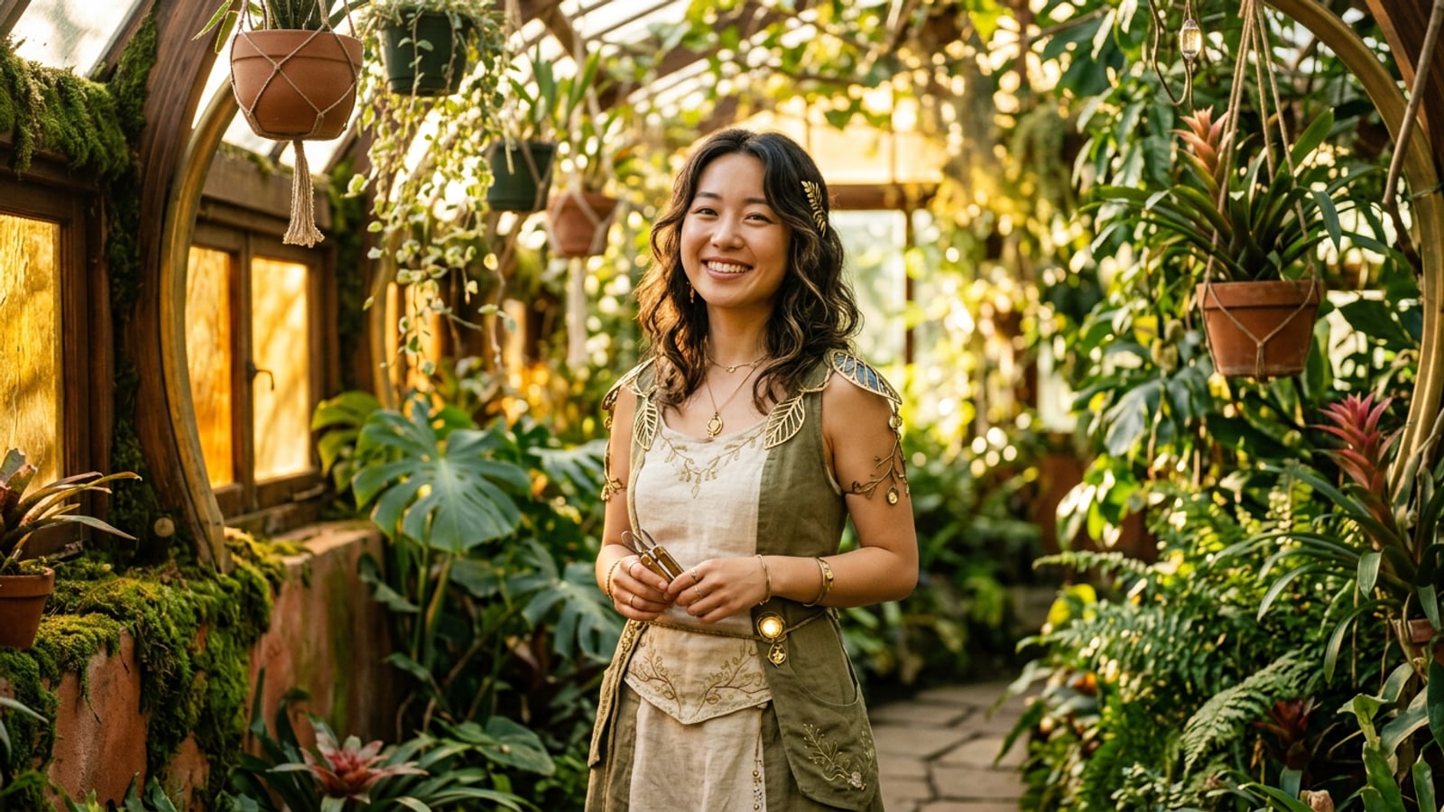2026er Trend: Ein Solarpunk-KI-Porträt. Eine japanische Frau in warmem, goldenem Sonnenlicht und umgeben von üppiger Natur.