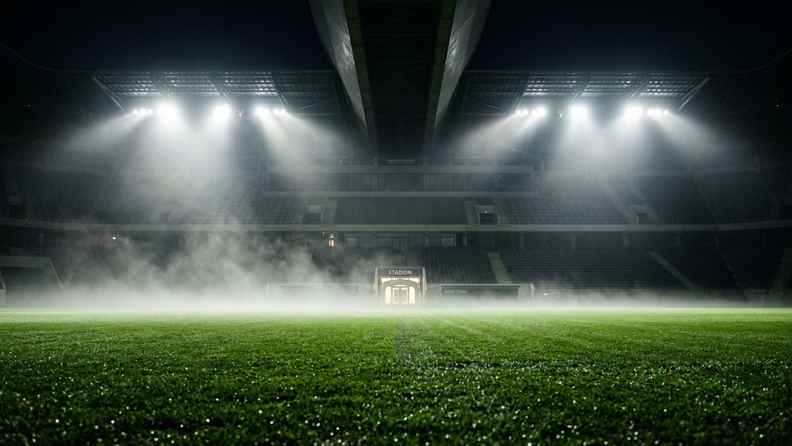 Pitch-level view of a floodlit European football stadium at dusk with rising fog and green turf