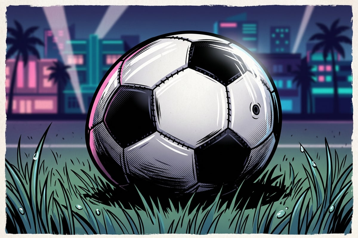 Close-up of a classic leather football on floodlit stadium grass