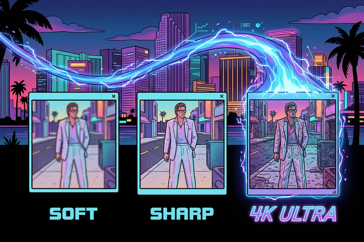 Three digital frames showing increasing resolution levels powered by blue energy streams.
