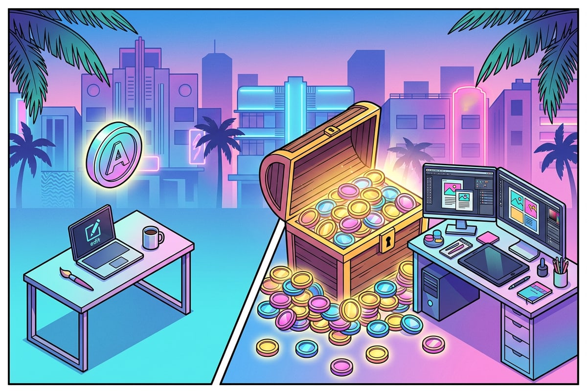Isometric view comparing a single point token to a chest of tokens for subscriptions.
