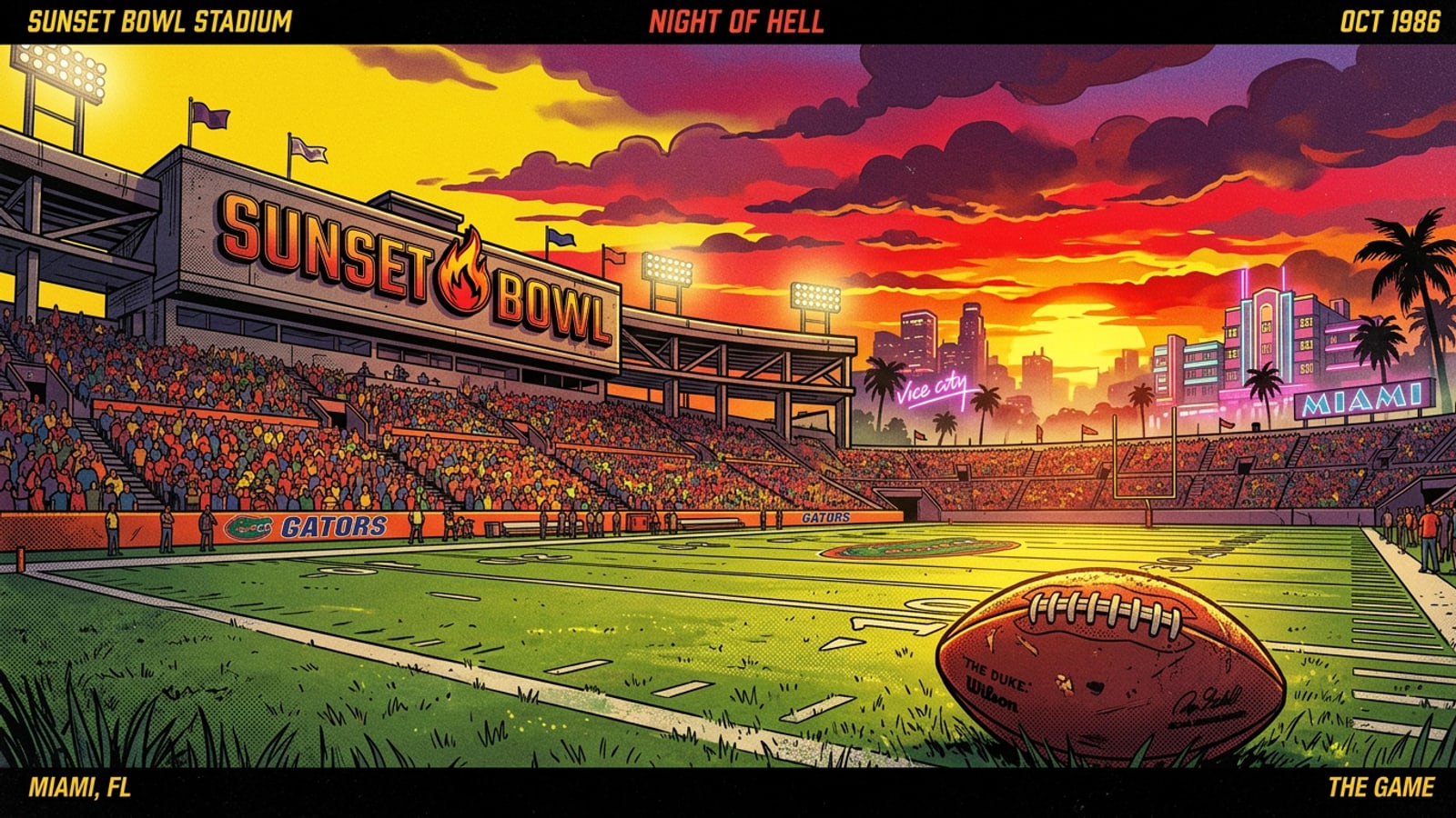 A cinematic football stadium at sunset with a mustard yellow and red sky in a retro 1970s style.