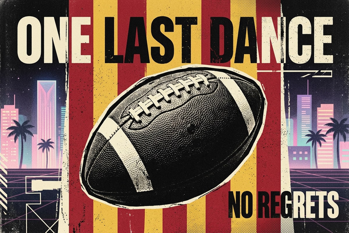 Close-up of a football with gritty photocopy texture and bold red and yellow stripes.