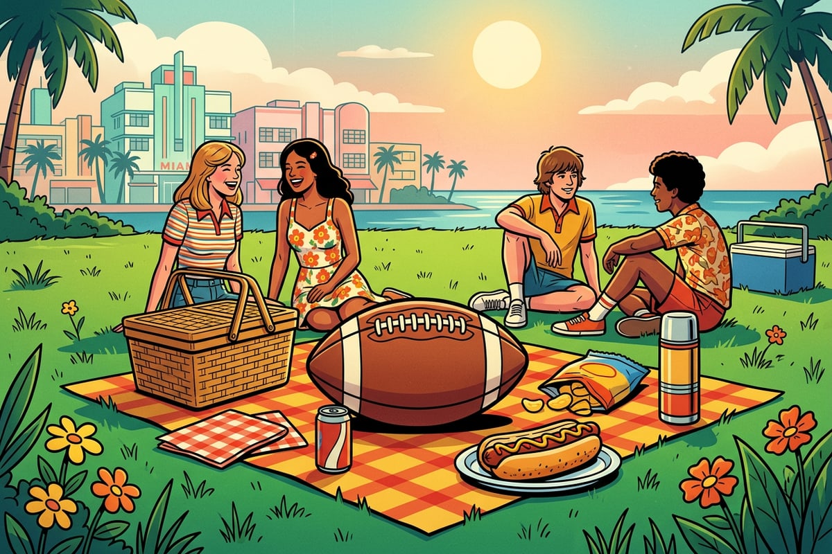 A nostalgic 1970s style summer picnic scene with a football and high-saturation colors.