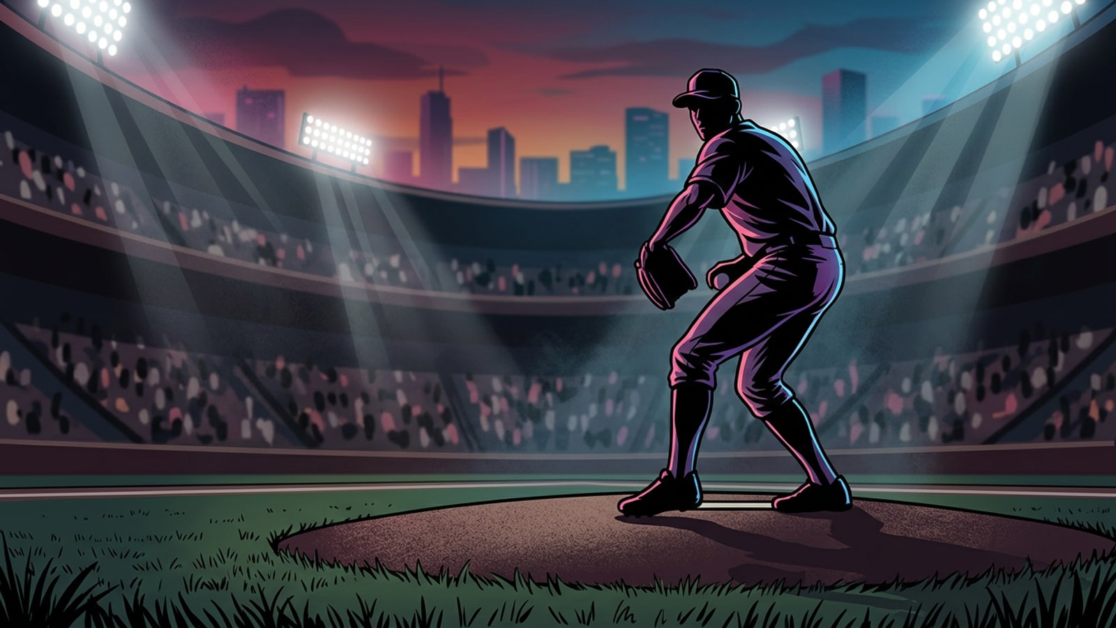 Dramatic cinematic view of a baseball pitcher on a stadium mound at night under bright floodlights.