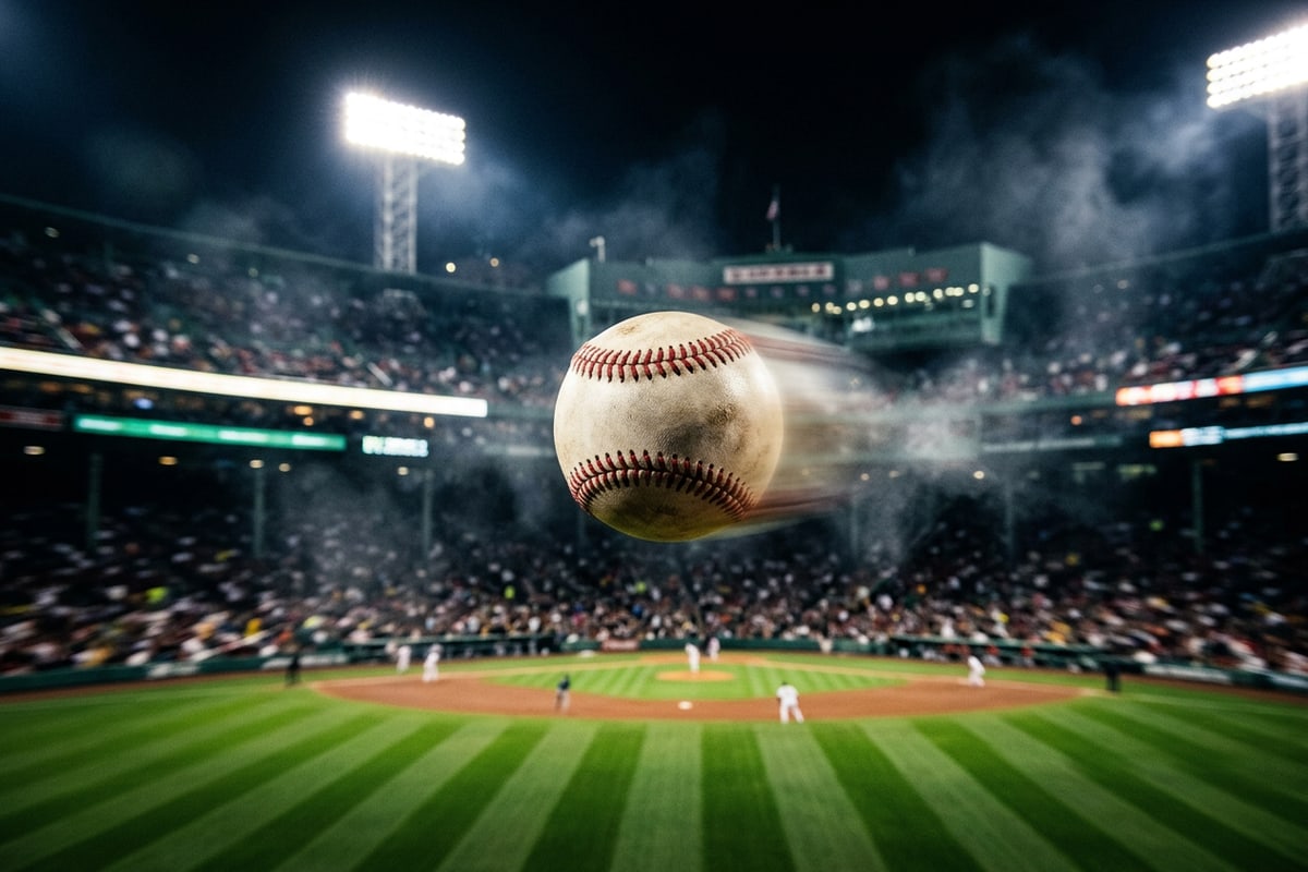 Close-up action photo of a baseball in pitch motion under intense night stadium lights.