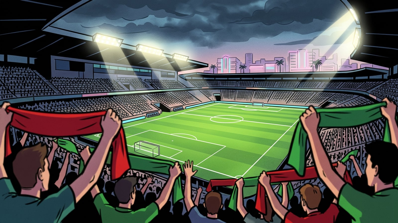 Illuminated stadium pitch during an evening football match with fans in the stands.