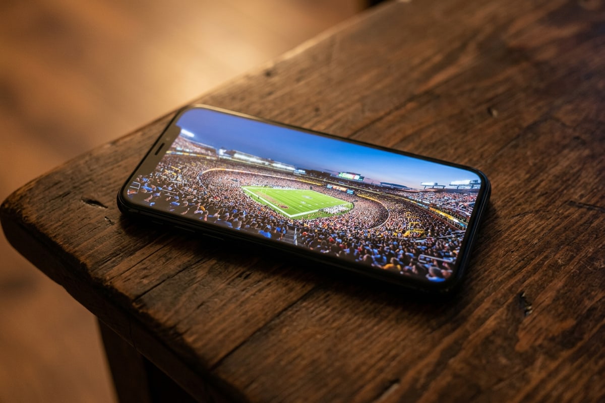 Smartphone lying on a desk displaying a football match photo.
