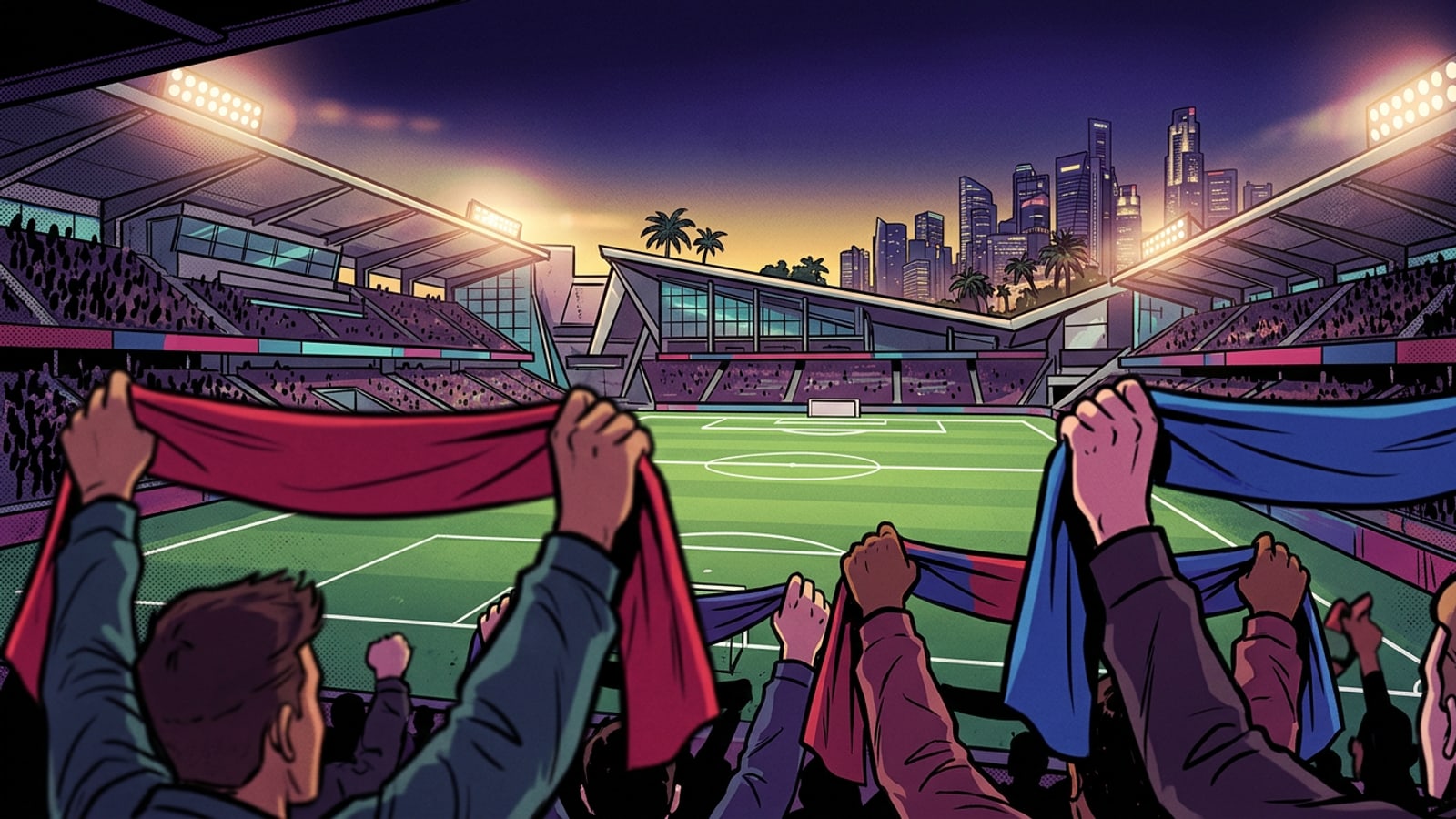 สนามฟุตบอลเปิดไฟสว่างยามค่ำคืน บรรยากาศรอบข้างเต็มไปด้วยแฟนบอลที่ถือผ้าพันคอเชียร์ทีมรักในฉากหน้า