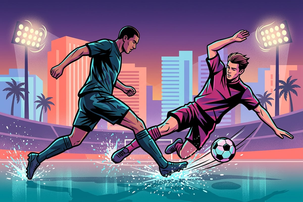 Action shot of two football players competing for the ball on a floodlit stadium pitch.