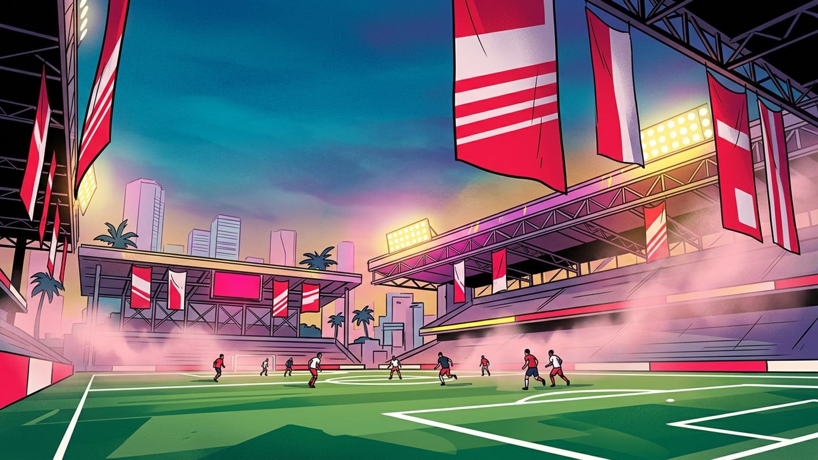 Vista de ângulo inferior de um gramado de estádio de futebol moderno iluminado por fortes refletores ao entardecer.