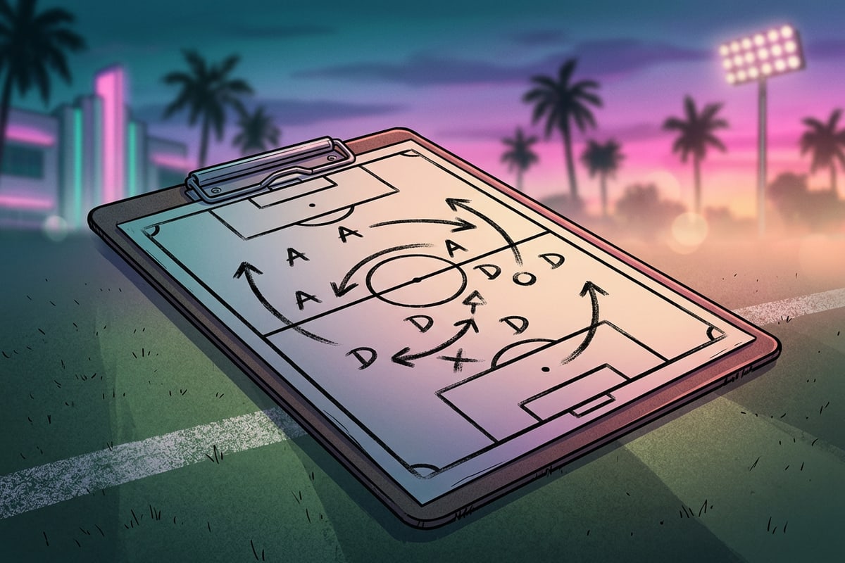Tactical clipboard with drawn play diagrams resting on a football pitch.