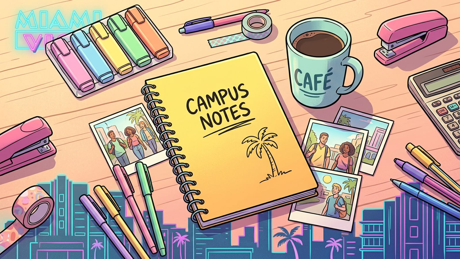 A aesthetic flat-lay arrangement of back-to-school photo prints, notebook, and stationery on a sunny desk.