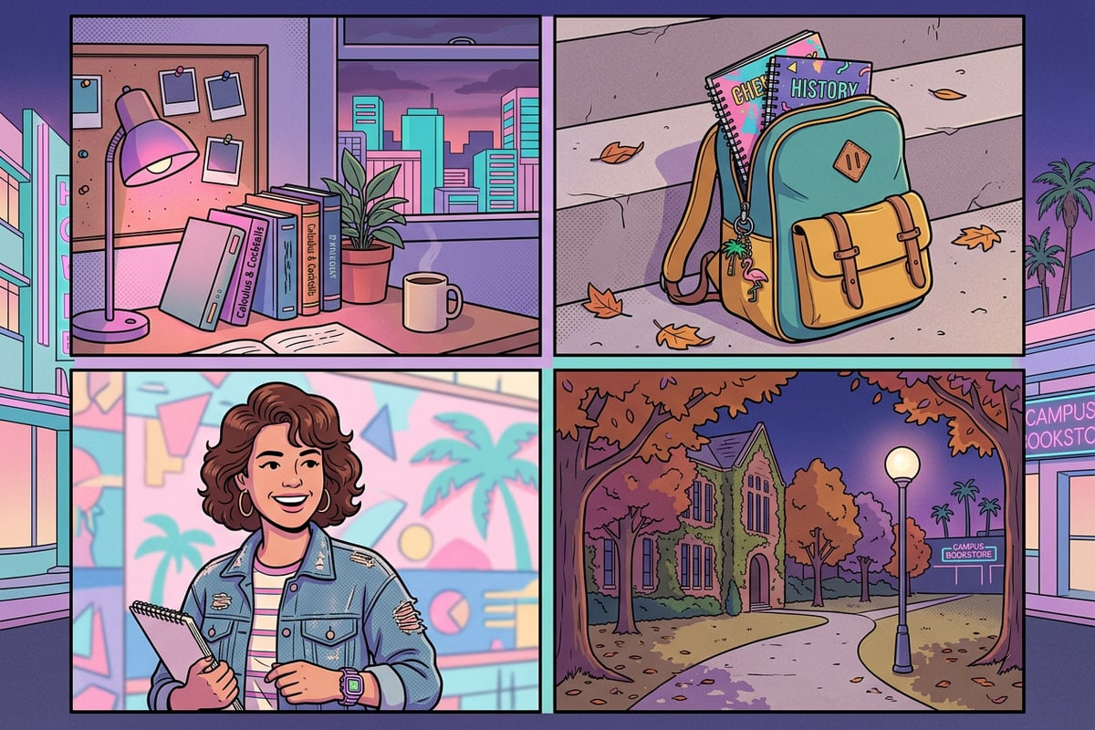 A four-panel back-to-school photo grid featuring dorm life, student portrait, and campus scenery.
