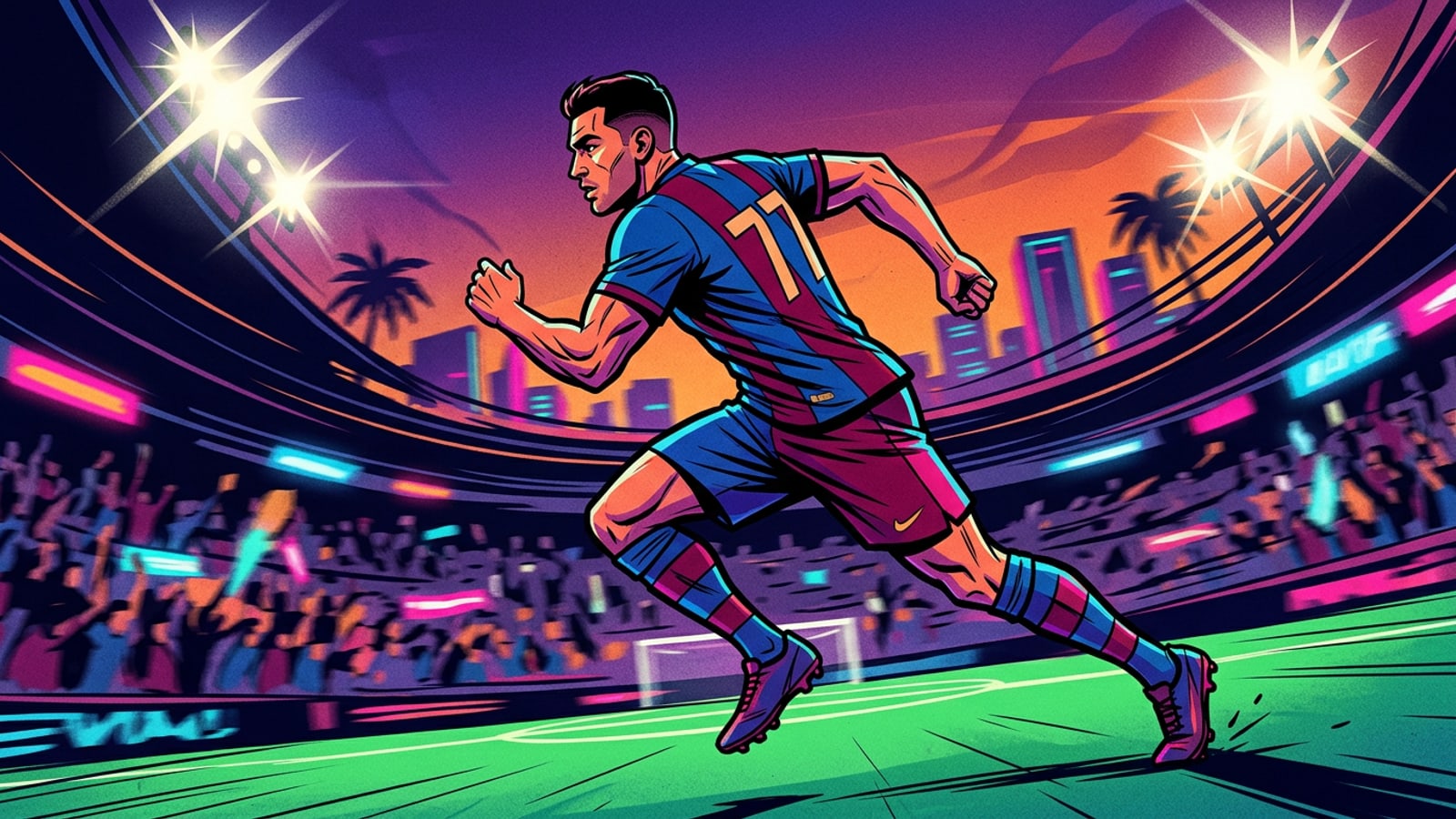 Dynamic sports action shot of a soccer player on a brightly lit stadium field at night
