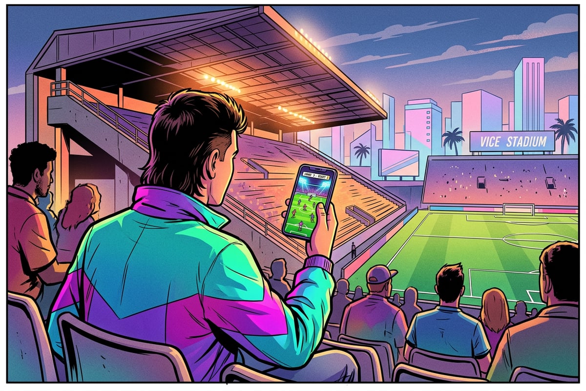 A fan holding a smartphone inside a soccer stadium recording the match