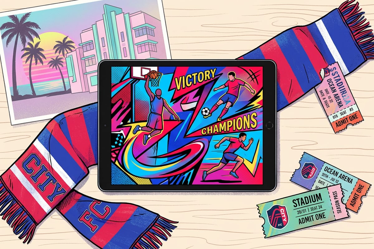 Top down flat lay view of a tablet presenting a digital sports graphic design layout