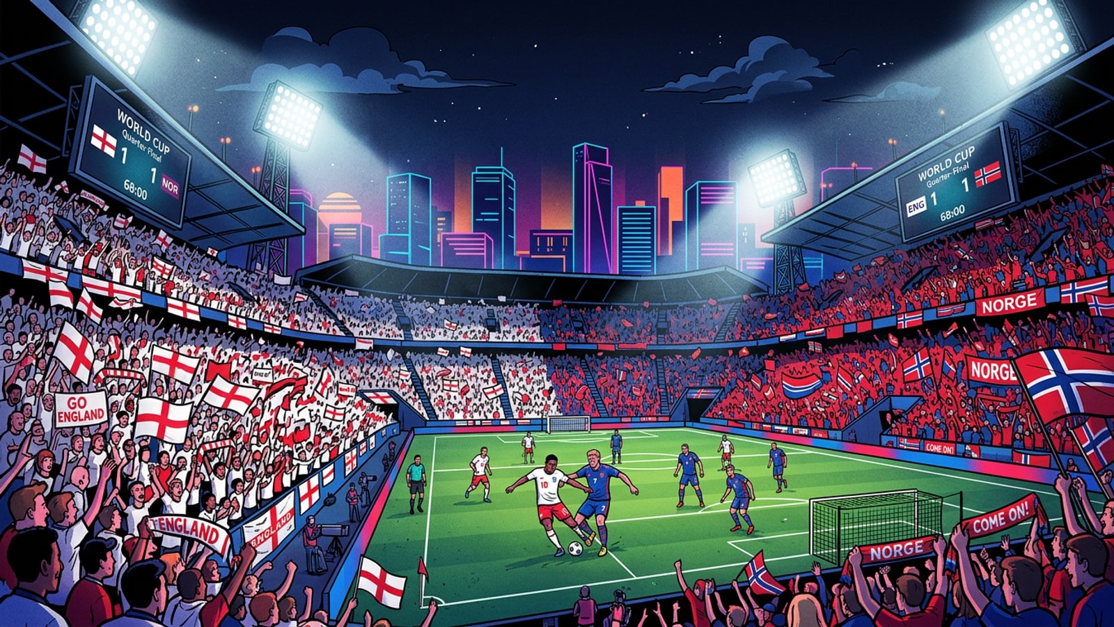 Un estadio de fútbol lleno por la noche durante el partido del Mundial entre Inglaterra y Noruega.