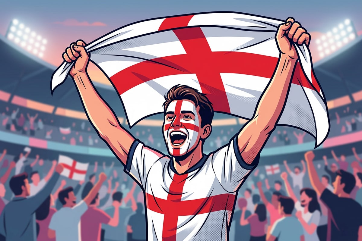 An AI-generated portrait of an England football fan celebrating.