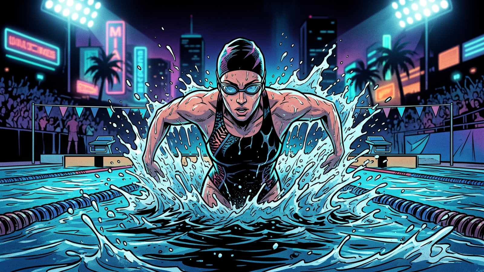 Female swimmer executing a breaststroke pull during a championship race in an illuminated indoor pool.