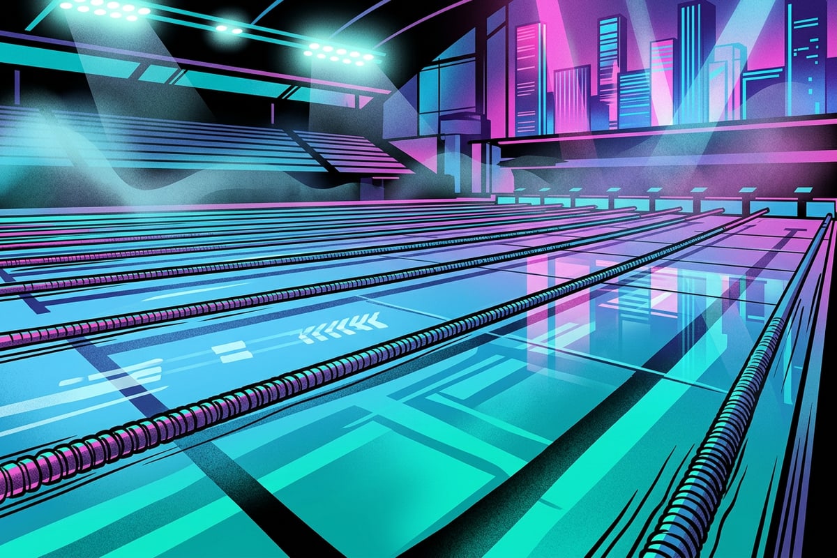Indoor swimming competition pool showing turquoise lane markers and bright overhead lighting.