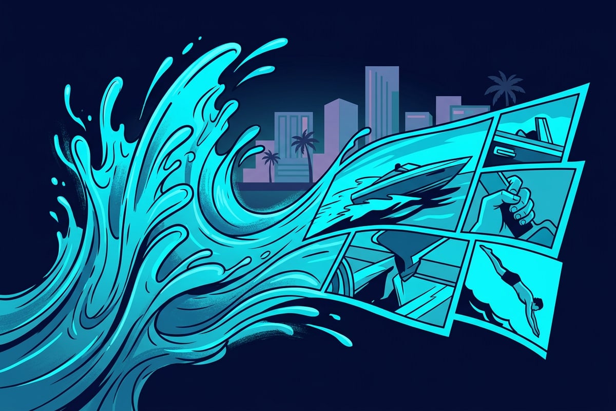 Conceptual graphic showing liquid water splash transforming into structured comic book panels.