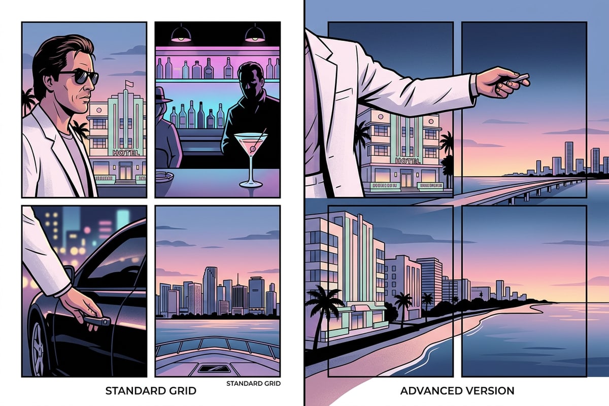 Comparison between a basic photo grid and an advanced layered collage with overlapping elements.