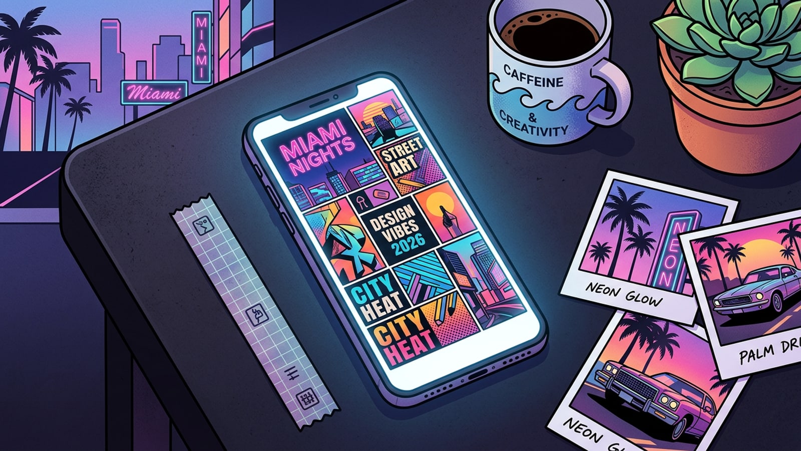 Uno spazio di lavoro creativo che mostra uno smartphone con un collage fotografico avanzato in stile Bento circondato da elementi artistici fisici.