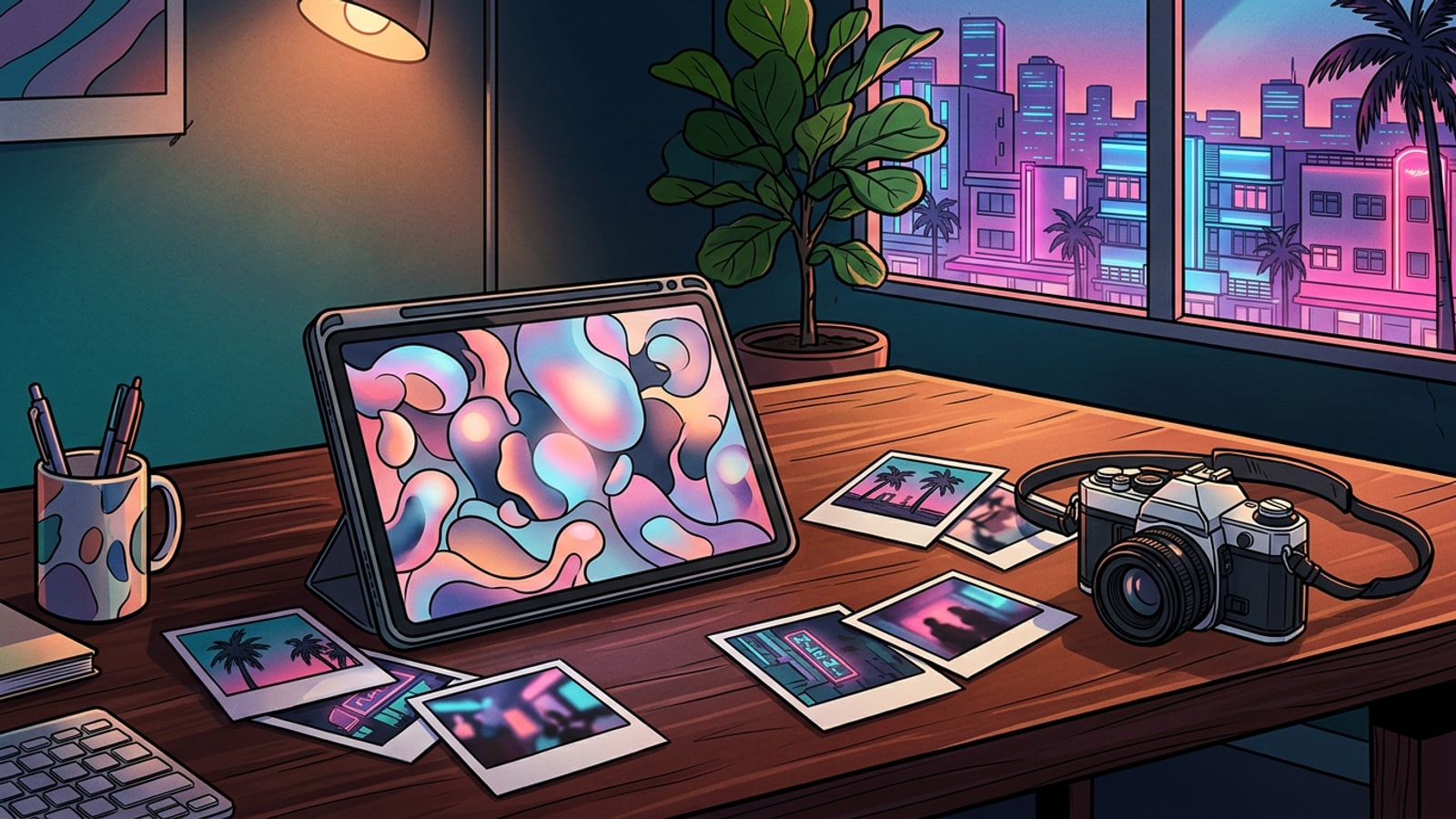 Uno spazio di lavoro creativo moderno con un iPad che mostra un collage fotografico artistico accanto a una fotocamera vintage.