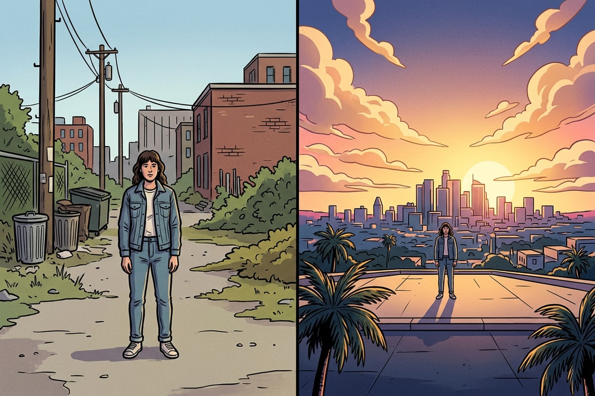A split-screen visual showing a raw photo on the left and an expanded, cinematic, clean version on the right.