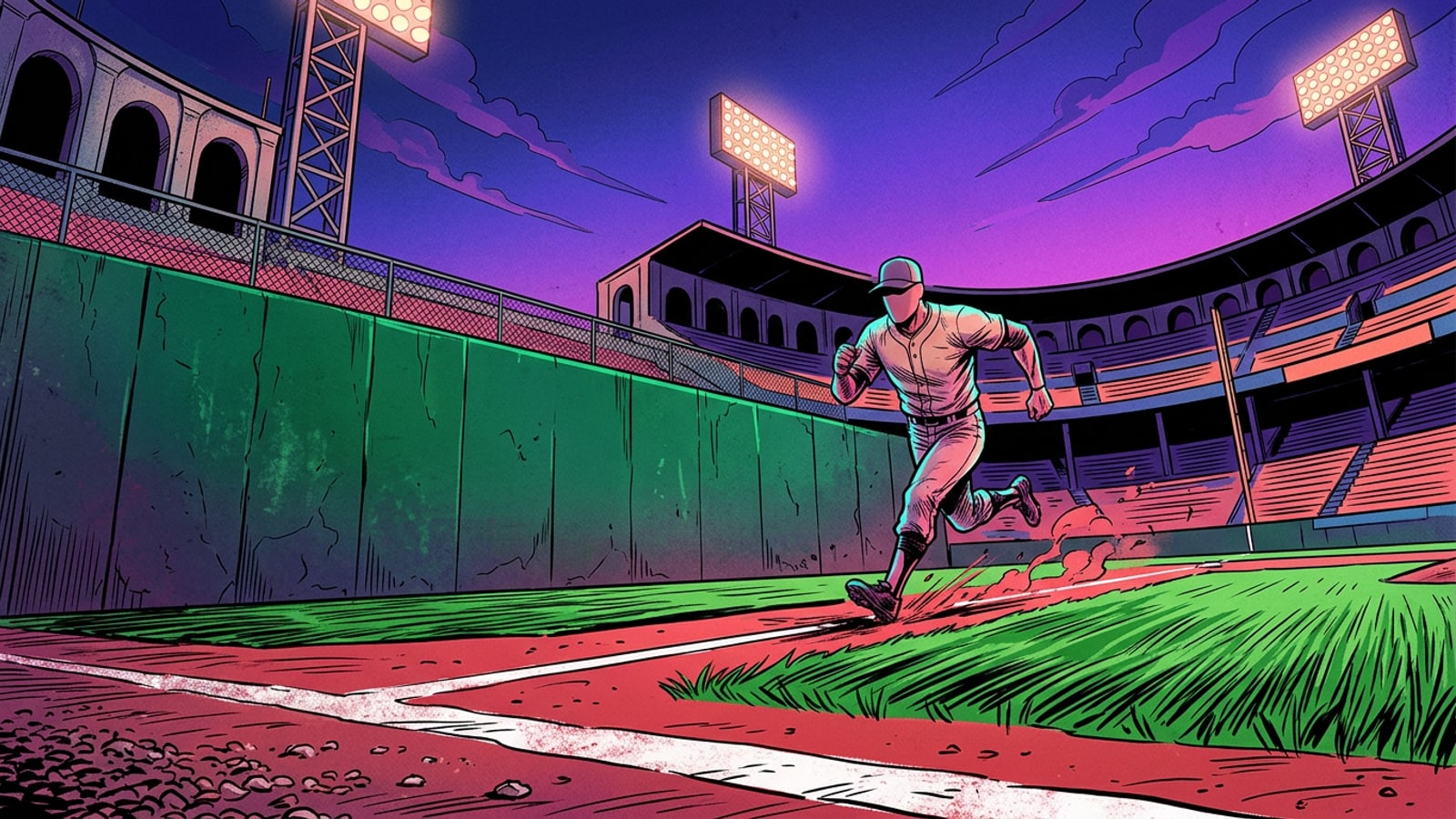 A brightly illuminated historic baseball stadium infield at dusk.