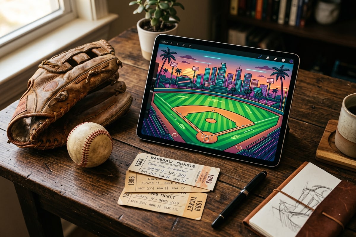 Flat lay of a sports creator workspace with a baseball glove, ball, and digital artwork tablet.