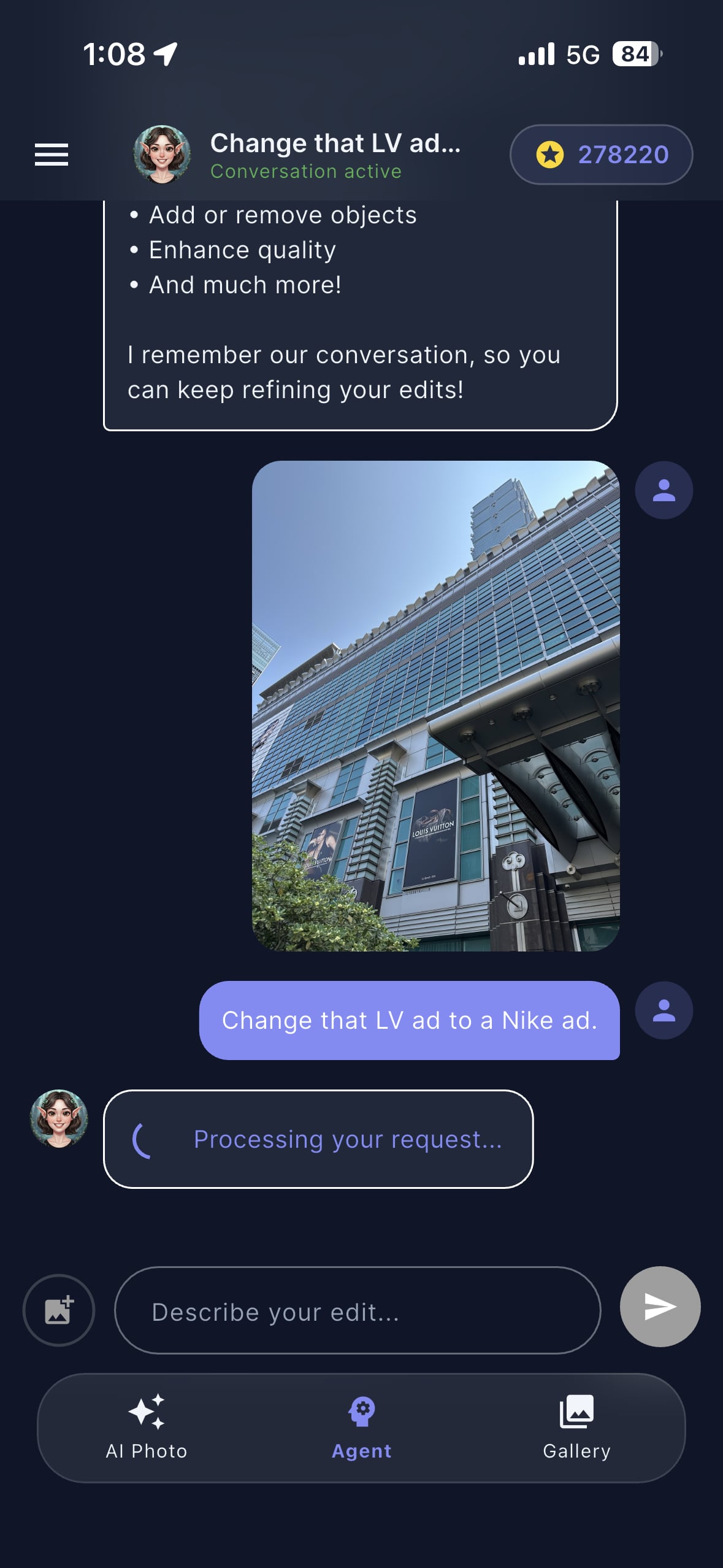 Tampilan aplikasi Cara AI saat memproses permintaan edit foto
