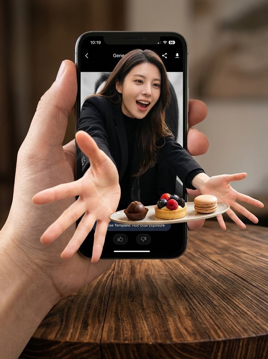 Mão segurando celular com efeito 3D saindo da tela