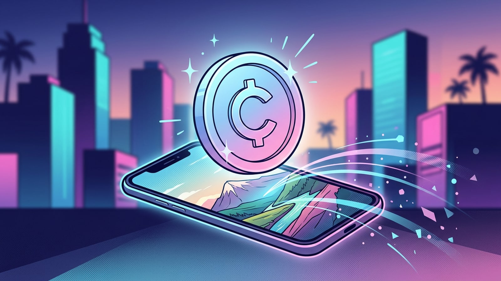 A digital coin hovering over a smartphone showing an AI image extension effect.