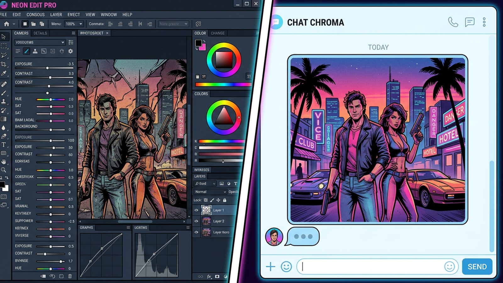 Comparison of a complex photo editing UI versus a simple AI chat interface.
