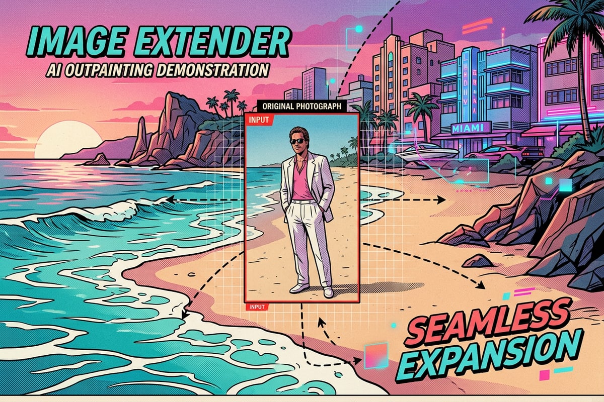A photo being expanded beyond its borders using AI outpainting technology.