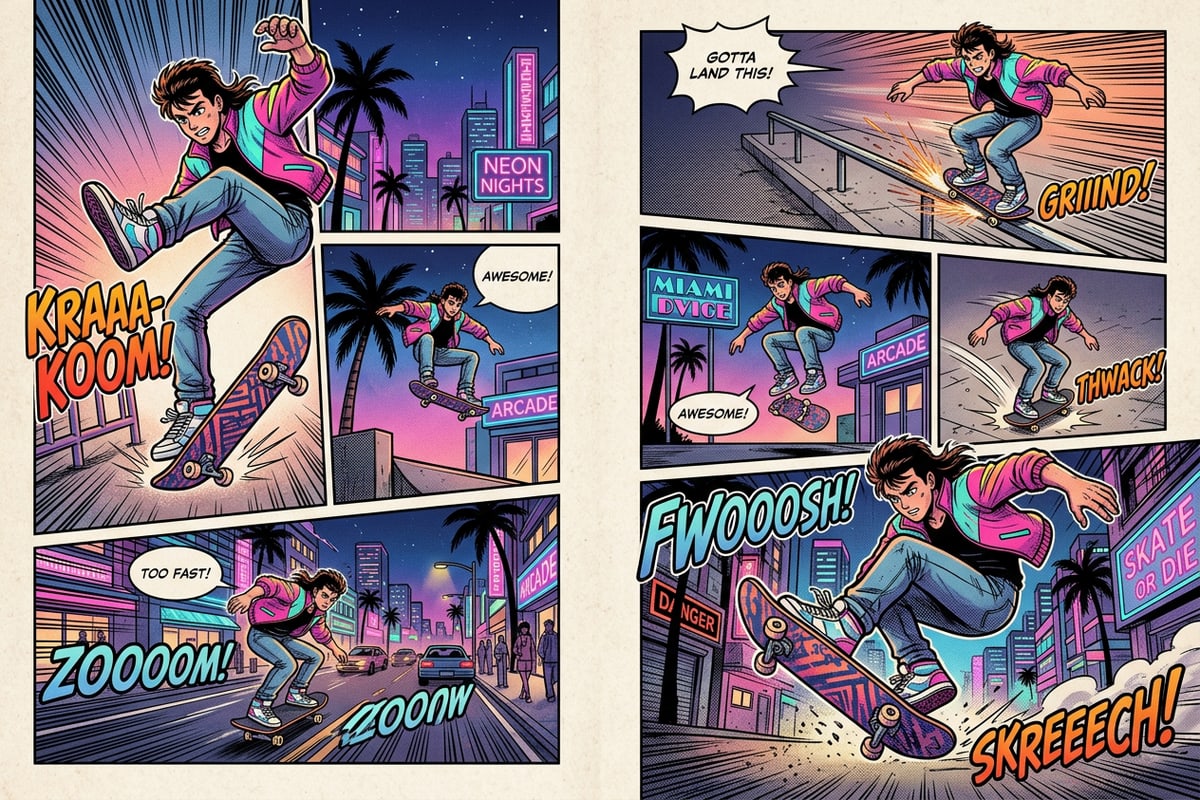 A comic book page layout generated from a video clip using AI.