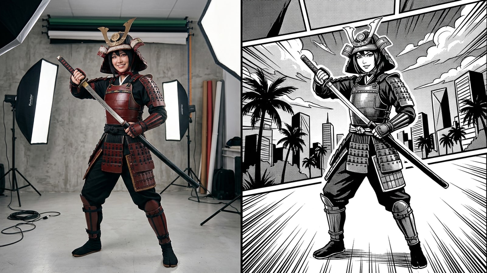 黑白日本漫画风格面板与真实Cosplay视频的前后对比。