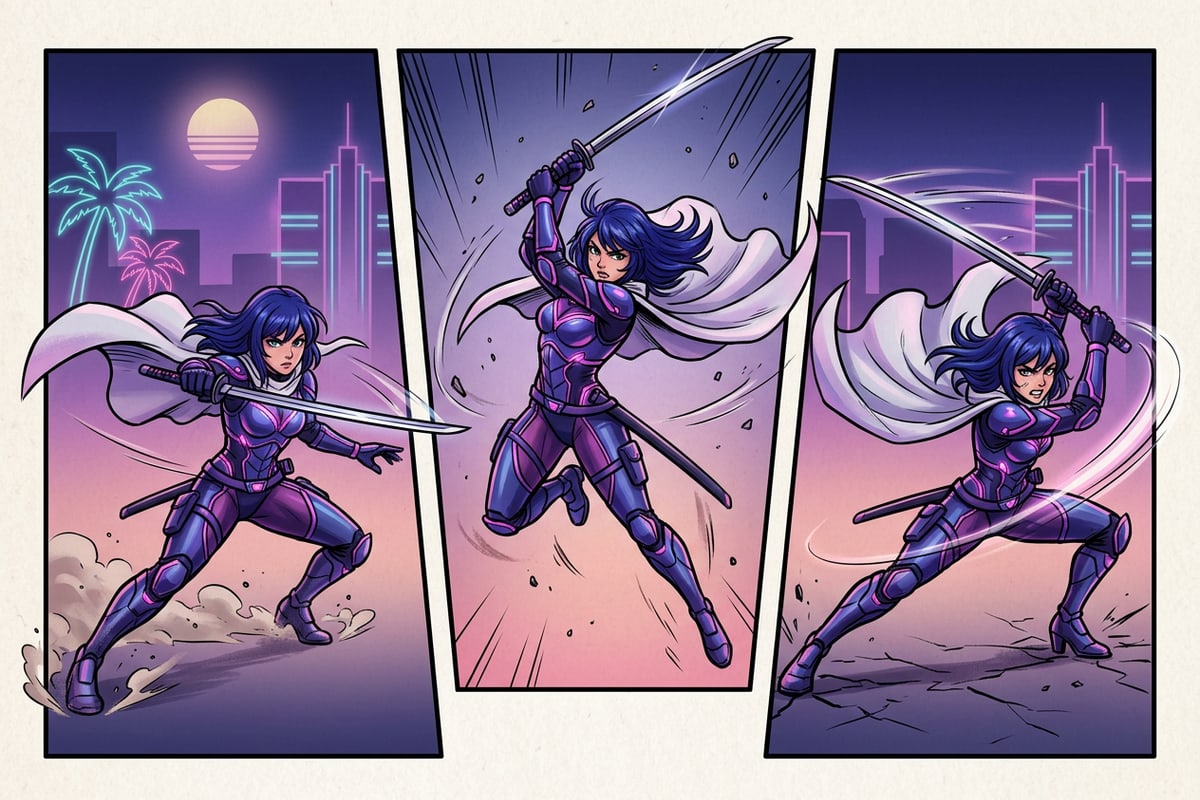 Tiga pose gerakan aksi cosplay sebelum dikonversi menjadi panel komik.