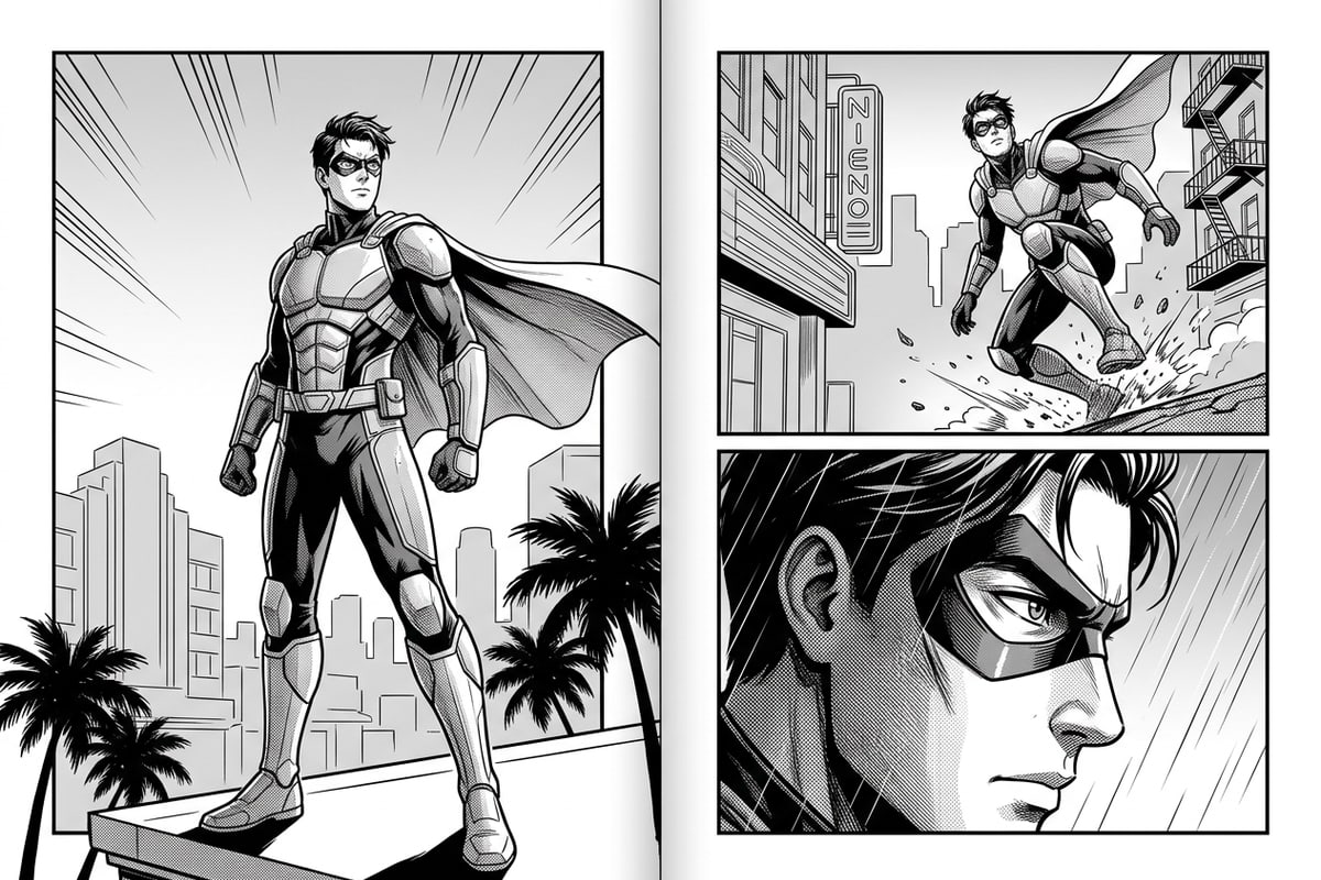 Hasil tata letak tiga panel komik manga hitam putih dengan garis aksi dan shading.