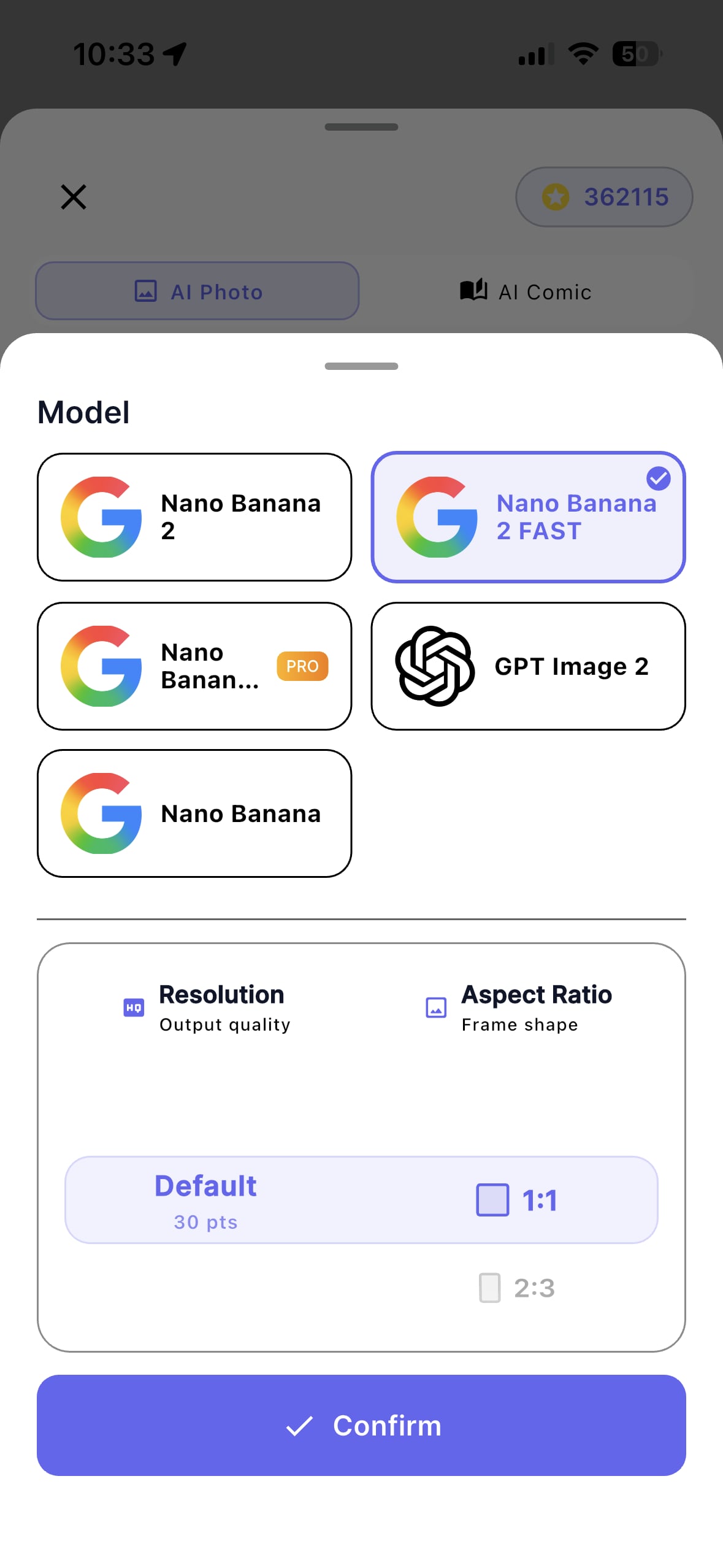 CARA app model selection UI