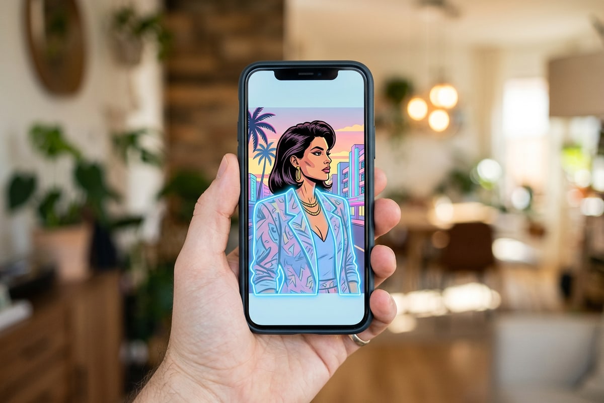 Close-up of a smartphone screen showing a highlighted clothing area on a photo.