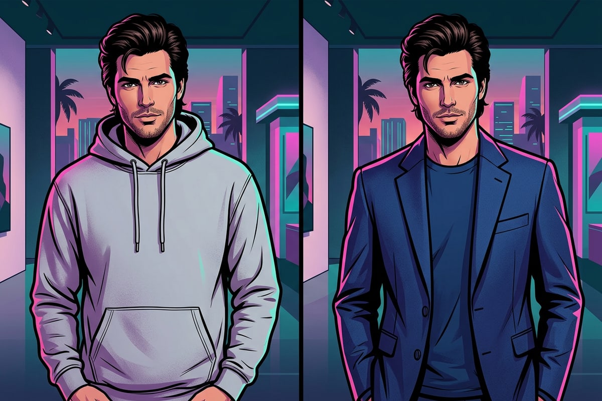 Side-by-side comparison of the same person wearing a gray hoodie on the left and a navy wool blazer on the right.