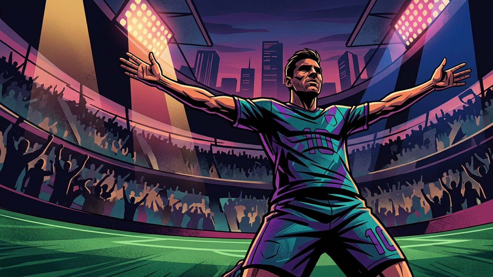 Dramatic stadium scene showing a football player celebrating under floodlights in front of a full stadium crowd.