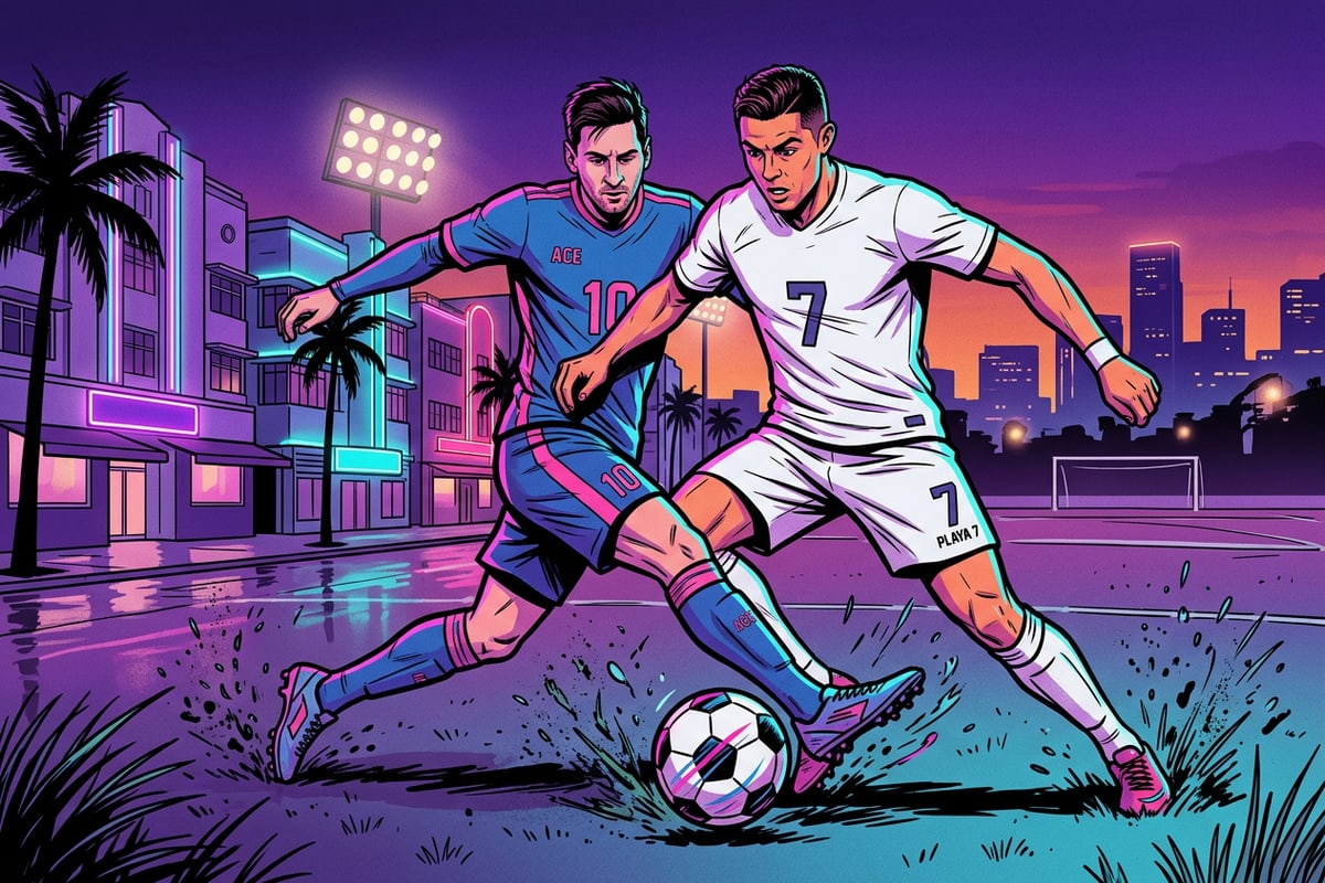 Close-up action shot of two football players competing for the ball on a stadium pitch.